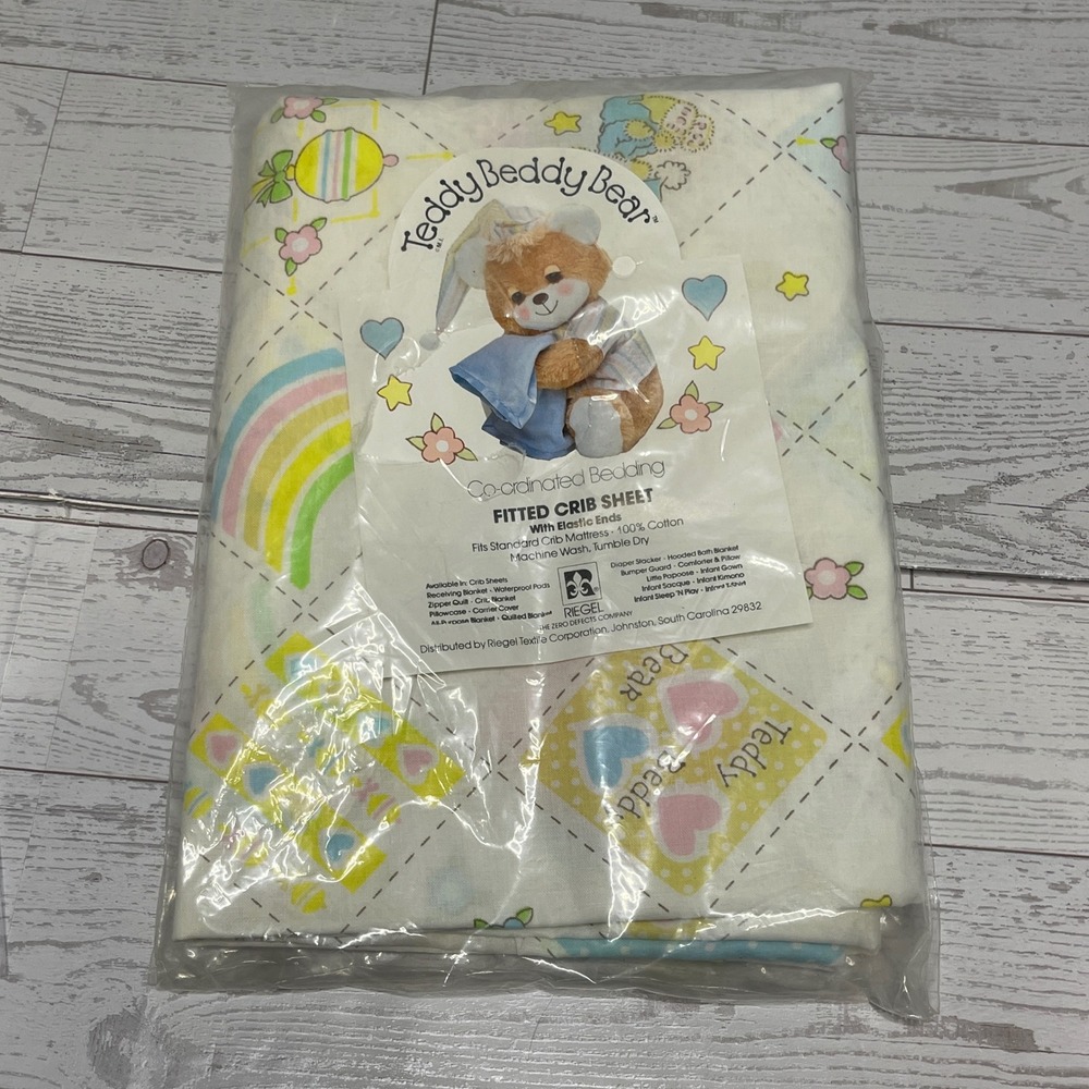 Teddy Beddy Bear Vintage Fitted Crib Sheet 100% Cotton Pastel Rainbow 80s Riegel